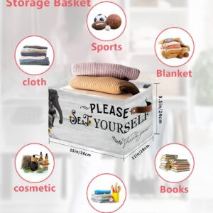 Storage Bins Cubes Waterproof Cloth Storage Basket, Elephant Sitting on Toilet Please Seat Foldable Storage Bags Closet Clothes Storage Organizers with Handles 15x11x9.5 in Rural Sunflower Wood