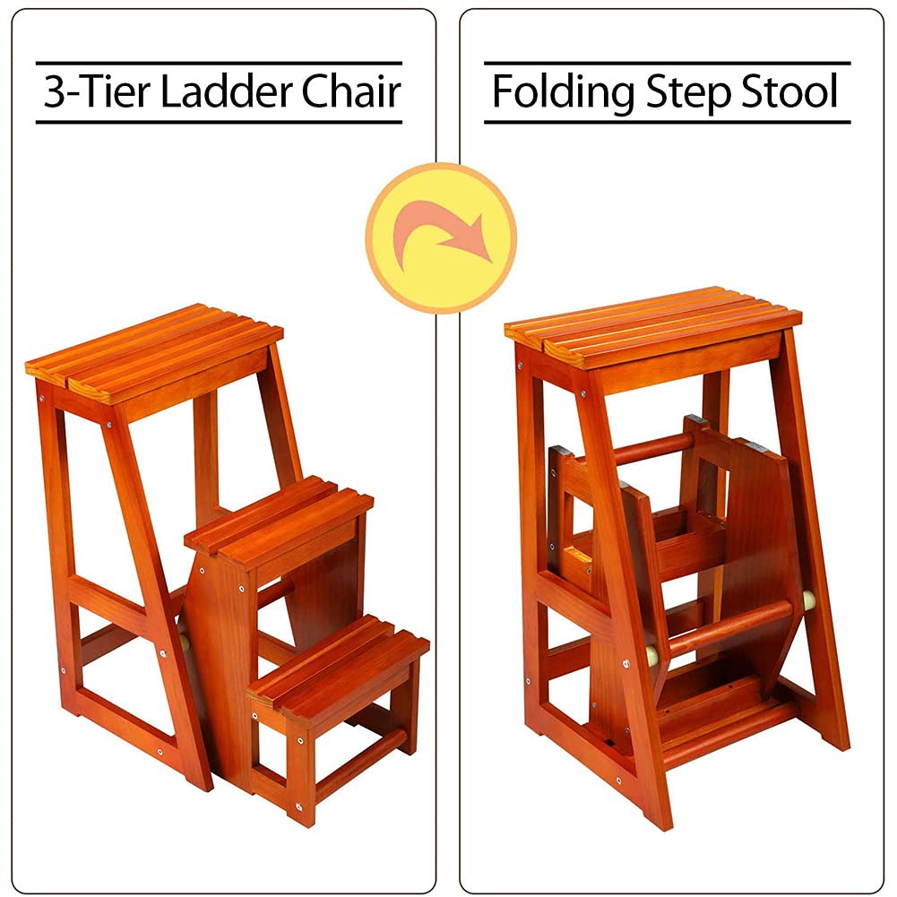 XHALERY Step Ladder Home Step Stools Stairway Chair Step Stool Small Foot Stools Seats Wooden Ladder Staircase Multifunctional Folding Portable Household Closet Step Stools for Bedroom Clo