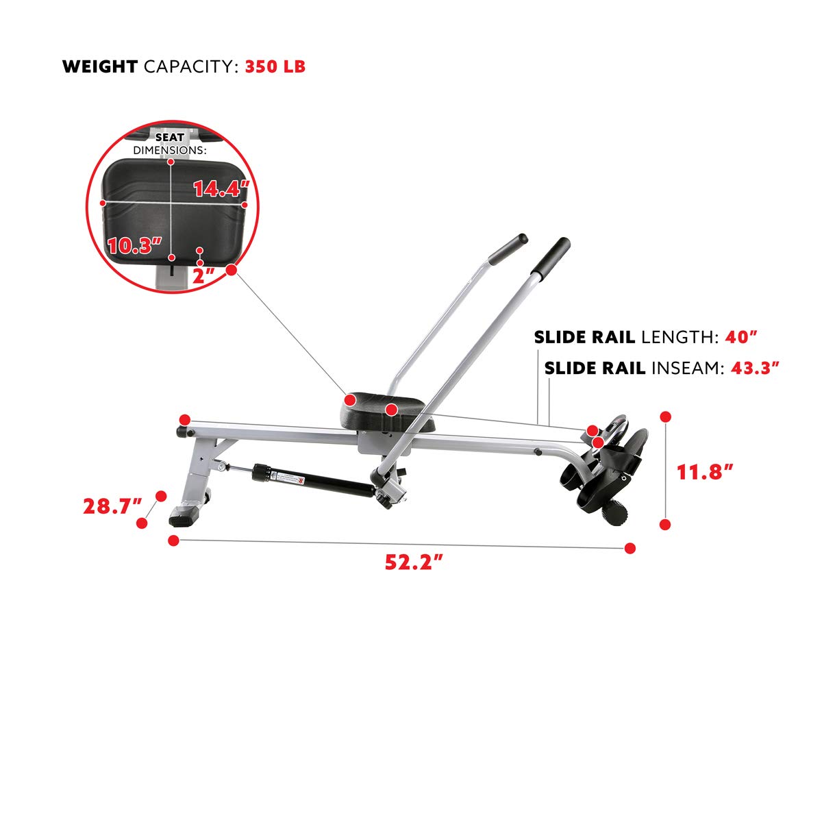 Sunny Health & Fitness Compact Full Motion Rowing Machine, Full-Body Workout, Low-Impact, Extra-Long Rail, and 350 LB Weight Capacity – SF-RW5639