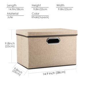 PRANDOM Collapsible Storage Cubes with Lids [3-Pack] Jute Fabric Foldable Storage Boxes Organizer Containers Baskets Bins with Cover for Home Bedroom Closet Office Nursery (14.9x9.8x9.8)