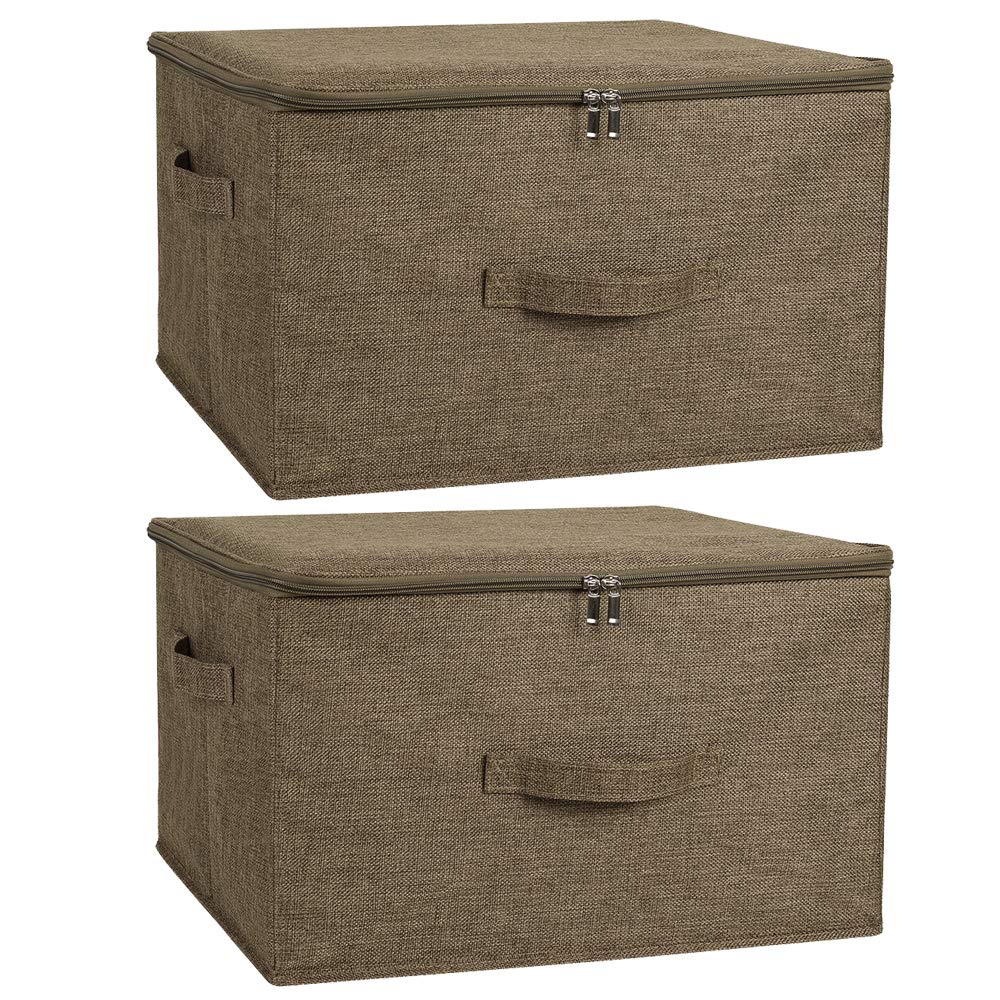 ANMINY 2PCS Storage Bins with Zipper Lid Handles Storage Boxes PP Plastic Board Foldable Lidded Cotton Linen Fabric Home Cubes Baskets Closet Clothes Organizer Containers - Coffee, Large Size