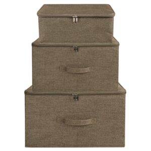 ANMINY 2PCS Storage Bins with Zipper Lid Handles Storage Boxes PP Plastic Board Foldable Lidded Cotton Linen Fabric Home Cubes Baskets Closet Clothes Organizer Containers - Coffee, Large Size