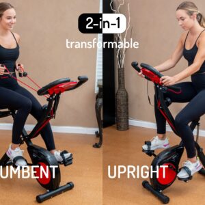 YYFITT 3-In-1 Folding Exercise Bike, Stationary Bikes for Home with Arm Workout Bands, Indoor Fitness Bike with 16 Levels Magnetic Resistance, Full Support Back Pad and Phone Holder, 2-in-1 Bike Frame