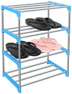 lnyzqus upgrade 4 tier small shoe rack, kids show rack closet shoe organizer,compact stackable shoe shelf shoe stand floor shoe rack for narrow space,zapateras organizer for shoes (blue)