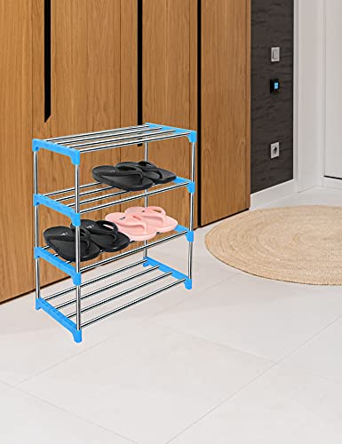 LNYZQUS Upgrade 4 Tier Small Shoe Rack, Kids Show Rack Closet Shoe Organizer,Compact Stackable Shoe Shelf Shoe Stand Floor Shoe Rack for Narrow Space,Zapateras Organizer for Shoes (Blue)