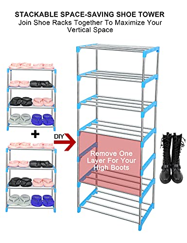 LNYZQUS Upgrade 4 Tier Small Shoe Rack, Kids Show Rack Closet Shoe Organizer,Compact Stackable Shoe Shelf Shoe Stand Floor Shoe Rack for Narrow Space,Zapateras Organizer for Shoes (Blue)