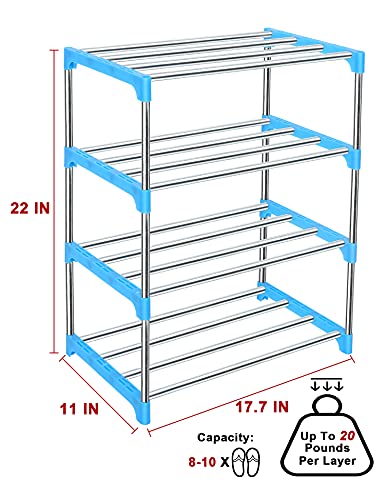 LNYZQUS Upgrade 4 Tier Small Shoe Rack, Kids Show Rack Closet Shoe Organizer,Compact Stackable Shoe Shelf Shoe Stand Floor Shoe Rack for Narrow Space,Zapateras Organizer for Shoes (Blue)