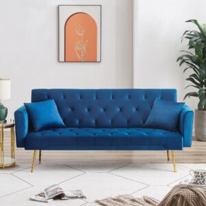 72"Modern Velvet Sofa Bed Futon,Convertible Folding Sleeper Bed Couches with 3 Adjustable Backrests,Tufted Recliner Love Seat with Golden Chrome Legs for Living Room Apartment Office (Navy+pillows)