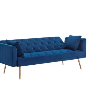 72"Modern Velvet Sofa Bed Futon,Convertible Folding Sleeper Bed Couches with 3 Adjustable Backrests,Tufted Recliner Love Seat with Golden Chrome Legs for Living Room Apartment Office (Navy+pillows)