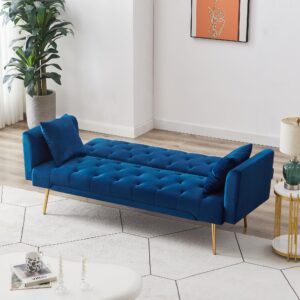 72"Modern Velvet Sofa Bed Futon,Convertible Folding Sleeper Bed Couches with 3 Adjustable Backrests,Tufted Recliner Love Seat with Golden Chrome Legs for Living Room Apartment Office (Navy+pillows)