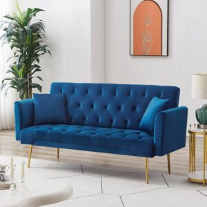 72"Modern Velvet Sofa Bed Futon,Convertible Folding Sleeper Bed Couches with 3 Adjustable Backrests,Tufted Recliner Love Seat with Golden Chrome Legs for Living Room Apartment Office (Navy+pillows)