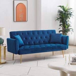 72"Modern Velvet Sofa Bed Futon,Convertible Folding Sleeper Bed Couches with 3 Adjustable Backrests,Tufted Recliner Love Seat with Golden Chrome Legs for Living Room Apartment Office (Navy+pillows)