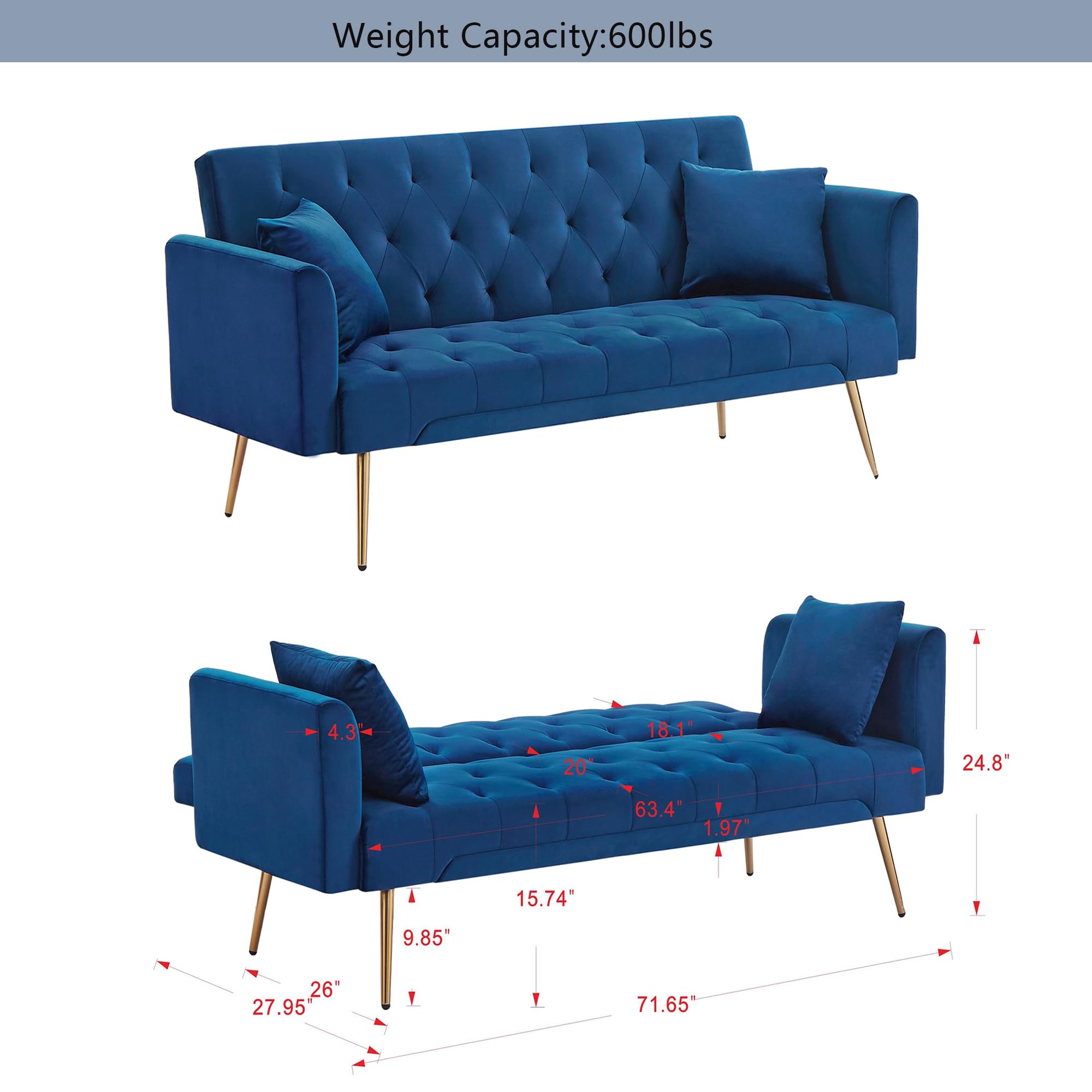 72"Modern Velvet Sofa Bed Futon,Convertible Folding Sleeper Bed Couches with 3 Adjustable Backrests,Tufted Recliner Love Seat with Golden Chrome Legs for Living Room Apartment Office (Navy+pillows)