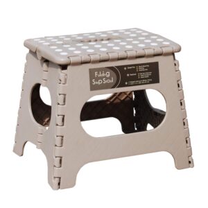 folding step stool - 11" height - holds up 300 lbs lightweight foldable stepping stool is sturdy enough to support adults & safe enough for kids. skid resistant and open with one flip (light tan)