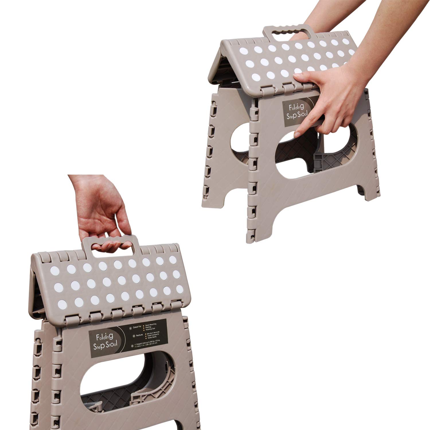 Folding Step Stool - 11" Height - Holds up 300 Lbs lightweight foldable stepping stool is sturdy enough to support adults & safe enough for kids. Skid resistant and open with one flip (Light Tan)