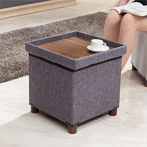 15 Inches Storage Ottoman with Wooden Legs Cube Foot Rest Stool, Square Footstool Storage, Ottoman with Storage for Living Room, Foldable Fabric Ottoman, Comfortable Seat with Lid, Space-Saving Grey