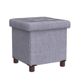 15 Inches Storage Ottoman with Wooden Legs Cube Foot Rest Stool, Square Footstool Storage, Ottoman with Storage for Living Room, Foldable Fabric Ottoman, Comfortable Seat with Lid, Space-Saving Grey