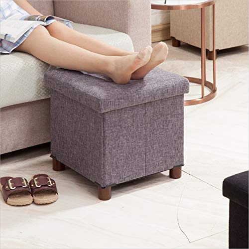 15 Inches Storage Ottoman with Wooden Legs Cube Foot Rest Stool, Square Footstool Storage, Ottoman with Storage for Living Room, Foldable Fabric Ottoman, Comfortable Seat with Lid, Space-Saving Grey