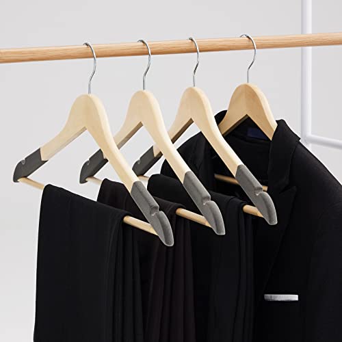 Solid Natural Wooden Coat Hangers, 20 Pack Heavy Duty Smooth Finish Suit Hangers with Non-Slip Pant Bar, Precisely Cut Notches & Chrome Swivel Hook for Closet, Wardrobe