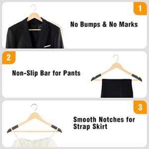 Solid Natural Wooden Coat Hangers, 20 Pack Heavy Duty Smooth Finish Suit Hangers with Non-Slip Pant Bar, Precisely Cut Notches & Chrome Swivel Hook for Closet, Wardrobe