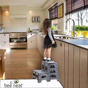 Bee Neat 2 Step Foldable Step Stool for Office, Garage, Library, Closet, Bathroom and Porch – Collapsible Step Stool Ladder for Adults and Kids, Supports 200lbs - Gray