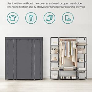 SONGMICS Closet Wardrobe, Portable Closet for Bedroom, Clothes Rail with Non-Woven Fabric Cover, Clothes Storage Organizer, 59 x 17.7 x 69 Inches, 12 Compartments, Gray ULSF03G