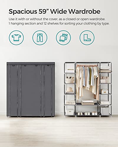 SONGMICS Closet Wardrobe, Portable Closet for Bedroom, Clothes Rail with Non-Woven Fabric Cover, Clothes Storage Organizer, 59 x 17.7 x 69 Inches, 12 Compartments, Gray ULSF03G