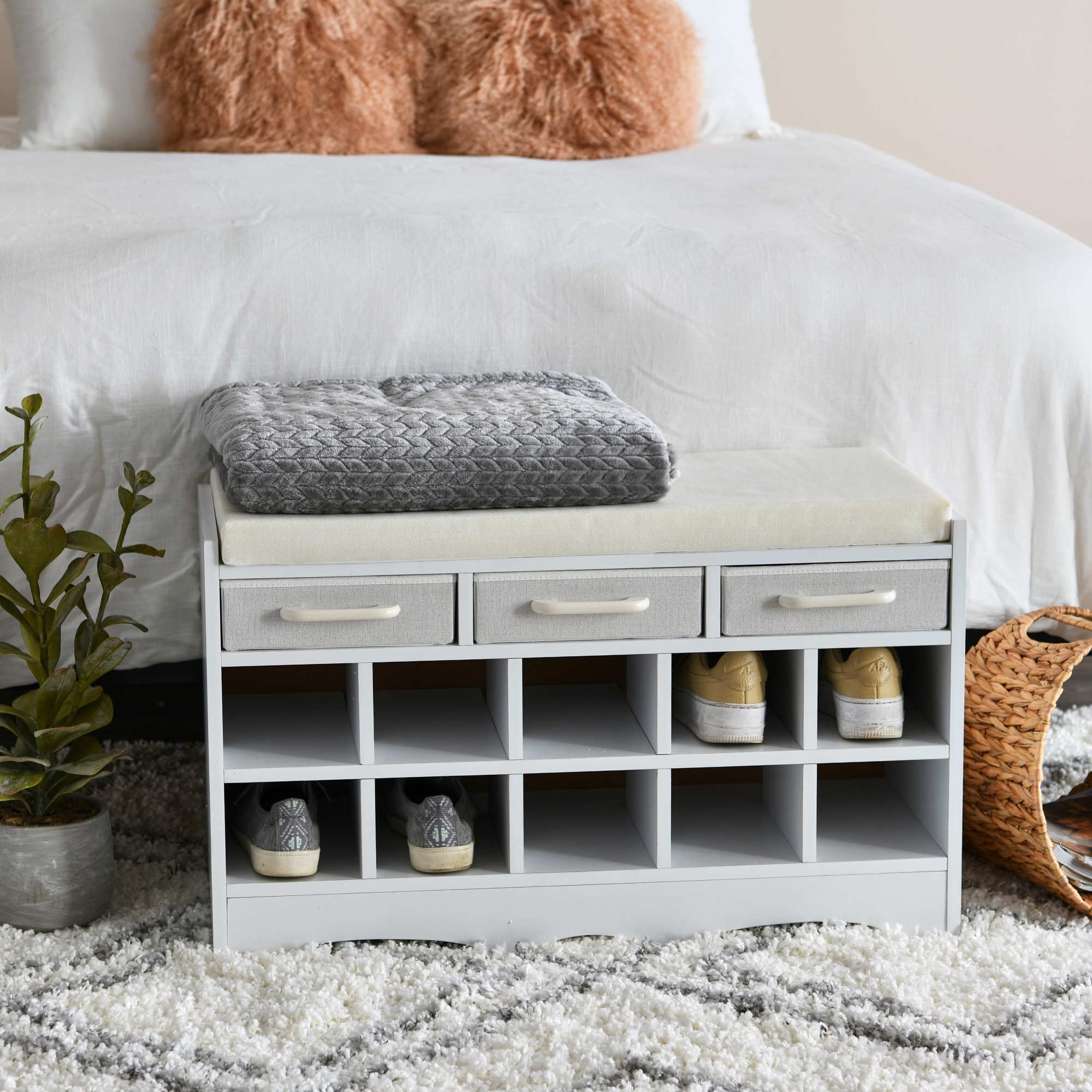 Household Essentials Entryway Storage Bench with 3 White Drawers 10 Shoe Compartments and Cushioned Seat in Scandinavian White