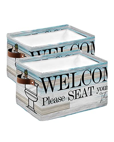Bathroom Vintage Toilet Wood Storage Bins 2 Pack, Large Waterproof Storage Baskets for Shelves Closet, Welcome Please Seat Yourself Storage Basket Foldable Storage Box Cube Organizer with Handles