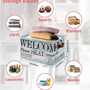 Bathroom Vintage Toilet Wood Storage Bins 2 Pack, Large Waterproof Storage Baskets for Shelves Closet, Welcome Please Seat Yourself Storage Basket Foldable Storage Box Cube Organizer with Handles