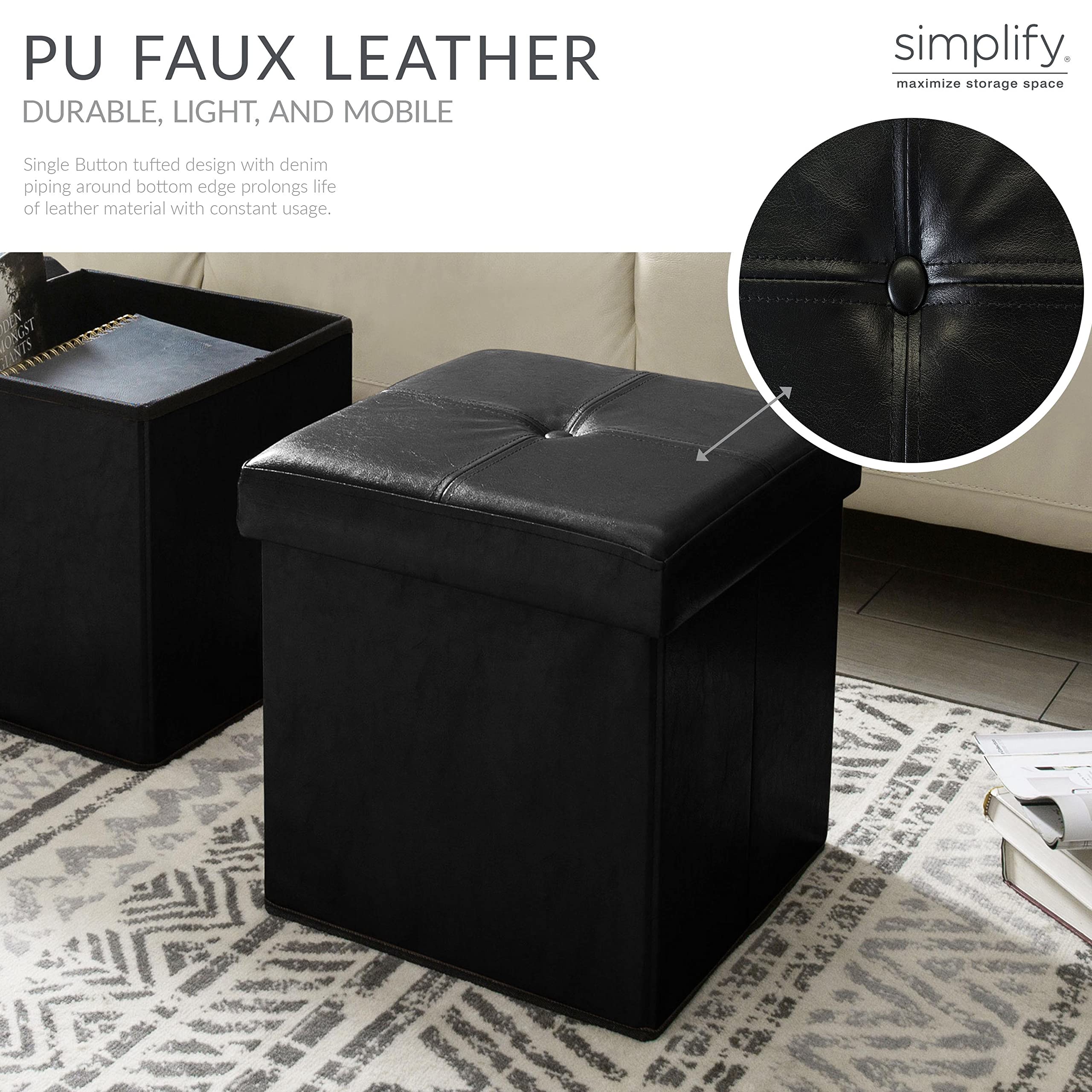 Simplify Faux Leather Cube Storage Ottoman, Black (F-0625-BLACK)