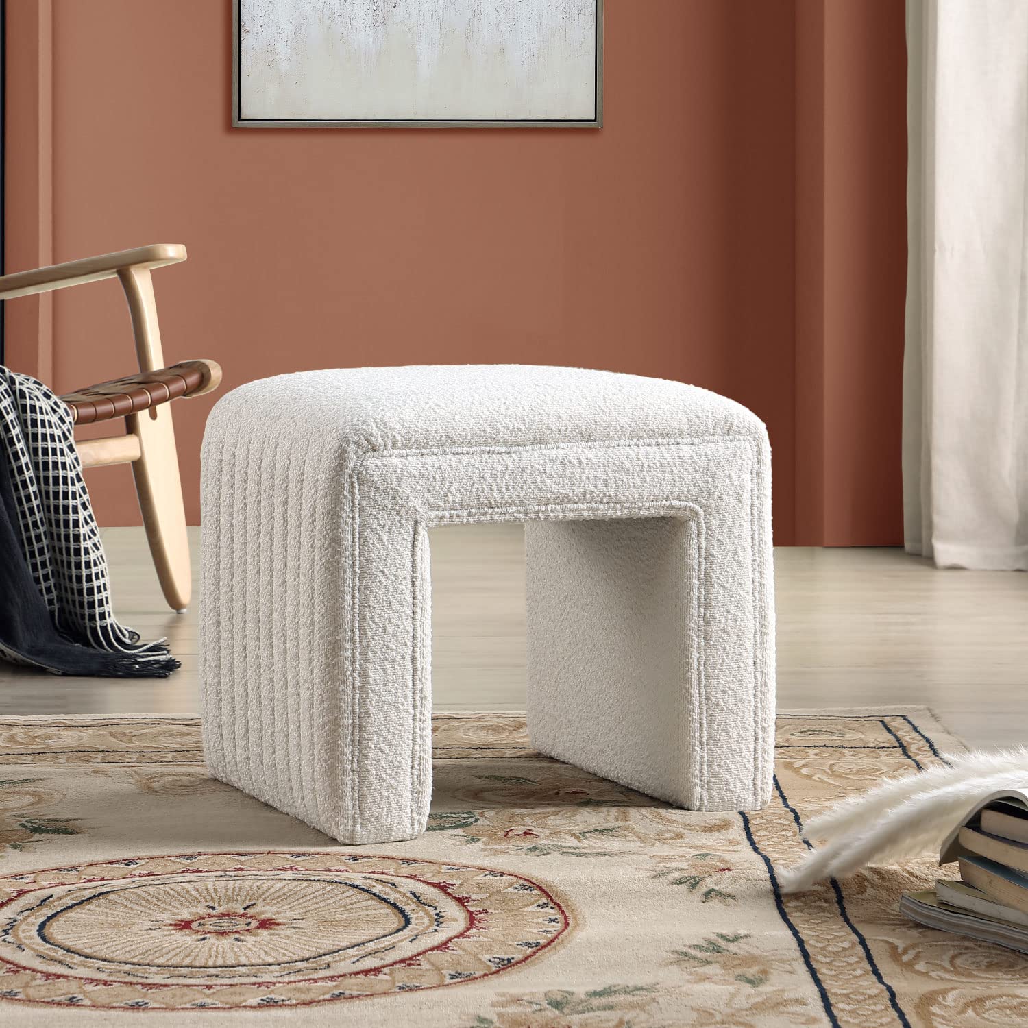 Get Set Style Vanity Stool Chair,Modern Boucle Ottoman Foot Stool with Wooden Legs Sofa Bench Footstool Extra Seat for Vanity,Makeup Room,Living Room,Entryway,Office (Fully Assembled)