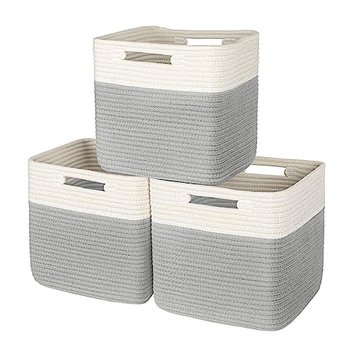 AELS Hand Woven Cotton Baskets for Storage, Cube Storage Bins with Handles, Foldable Collapsible Closet Organizers and Storage, Boho Farmhouse Storage Cubes for Shelves, Beige and Gray