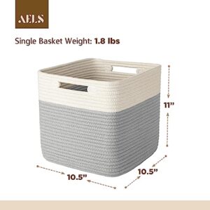 AELS Hand Woven Cotton Baskets for Storage, Cube Storage Bins with Handles, Foldable Collapsible Closet Organizers and Storage, Boho Farmhouse Storage Cubes for Shelves, Beige and Gray