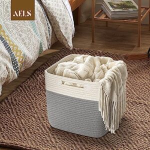 AELS Hand Woven Cotton Baskets for Storage, Cube Storage Bins with Handles, Foldable Collapsible Closet Organizers and Storage, Boho Farmhouse Storage Cubes for Shelves, Beige and Gray