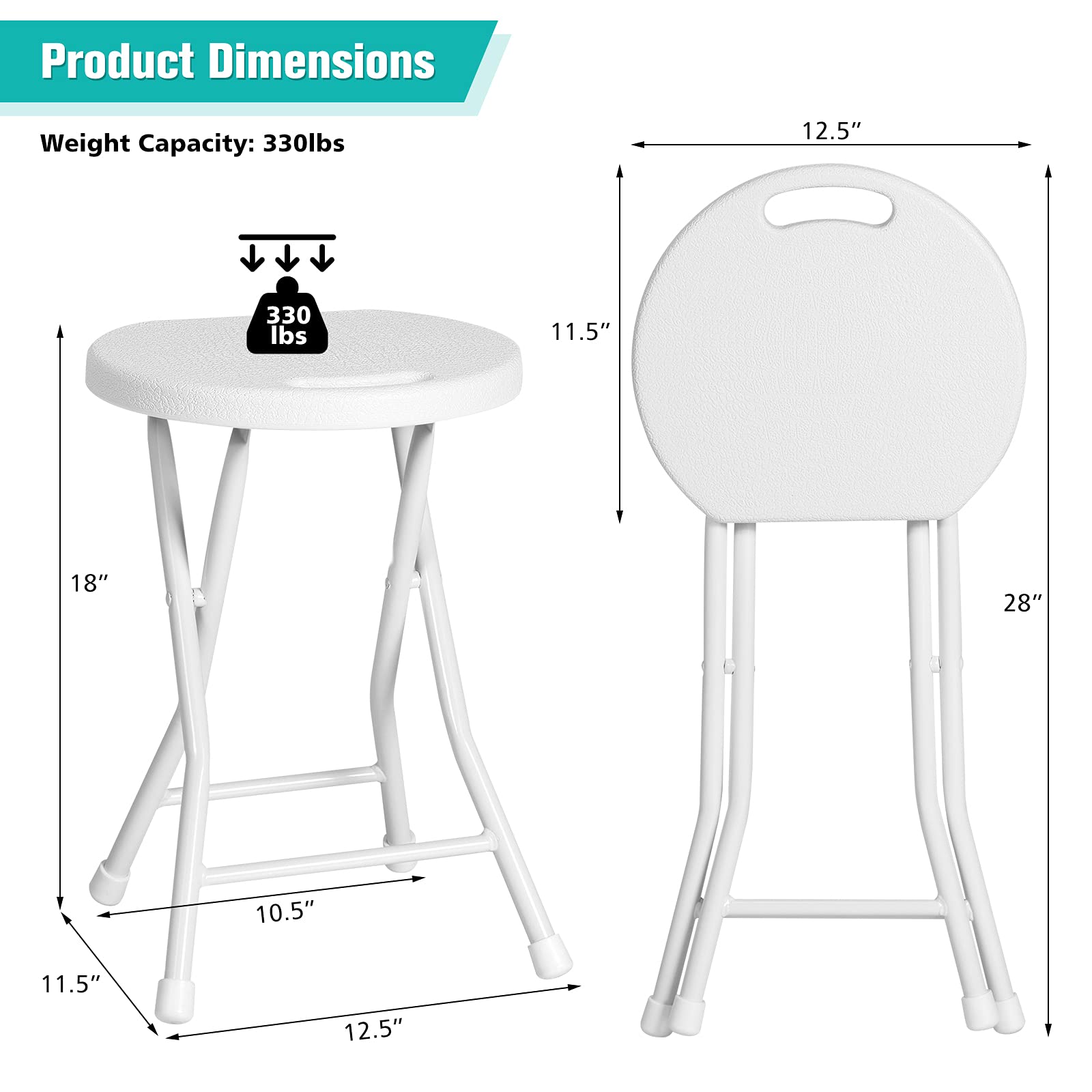 Giantex Set of 4 Folding Stool, Round Foldable Bar Stools, 4 Pack Portable Folding Chairs with Handle, Collapsible Stools 18 Inch 330lbs Capacity for Camping RV Party (White)