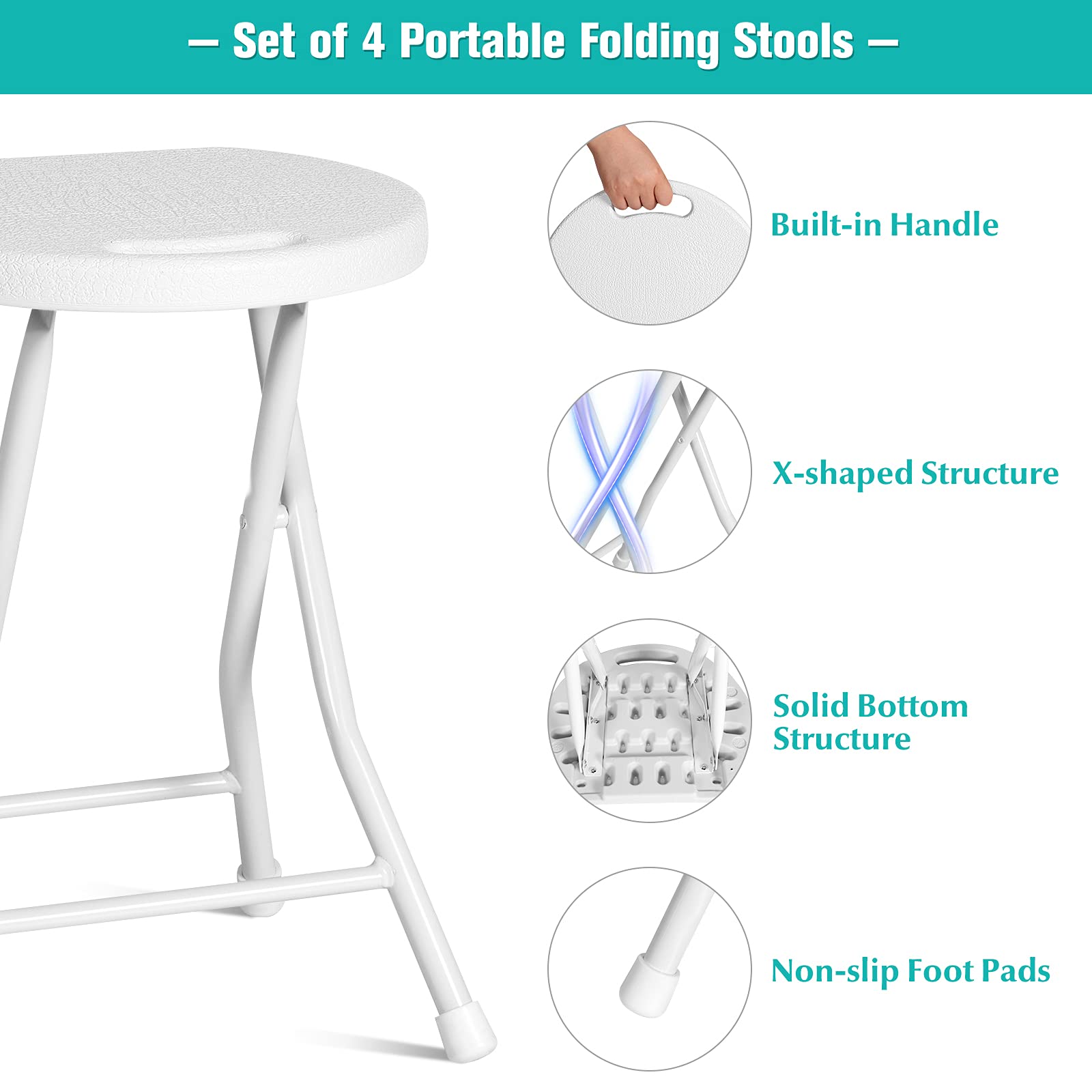 Giantex Set of 4 Folding Stool, Round Foldable Bar Stools, 4 Pack Portable Folding Chairs with Handle, Collapsible Stools 18 Inch 330lbs Capacity for Camping RV Party (White)