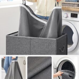 SONGMICS 37.5 Gal. Foldable Laundry Basket with 2 Compartments, Magnetic Lid and Handles, Removable Liner Bag, Dark Gray