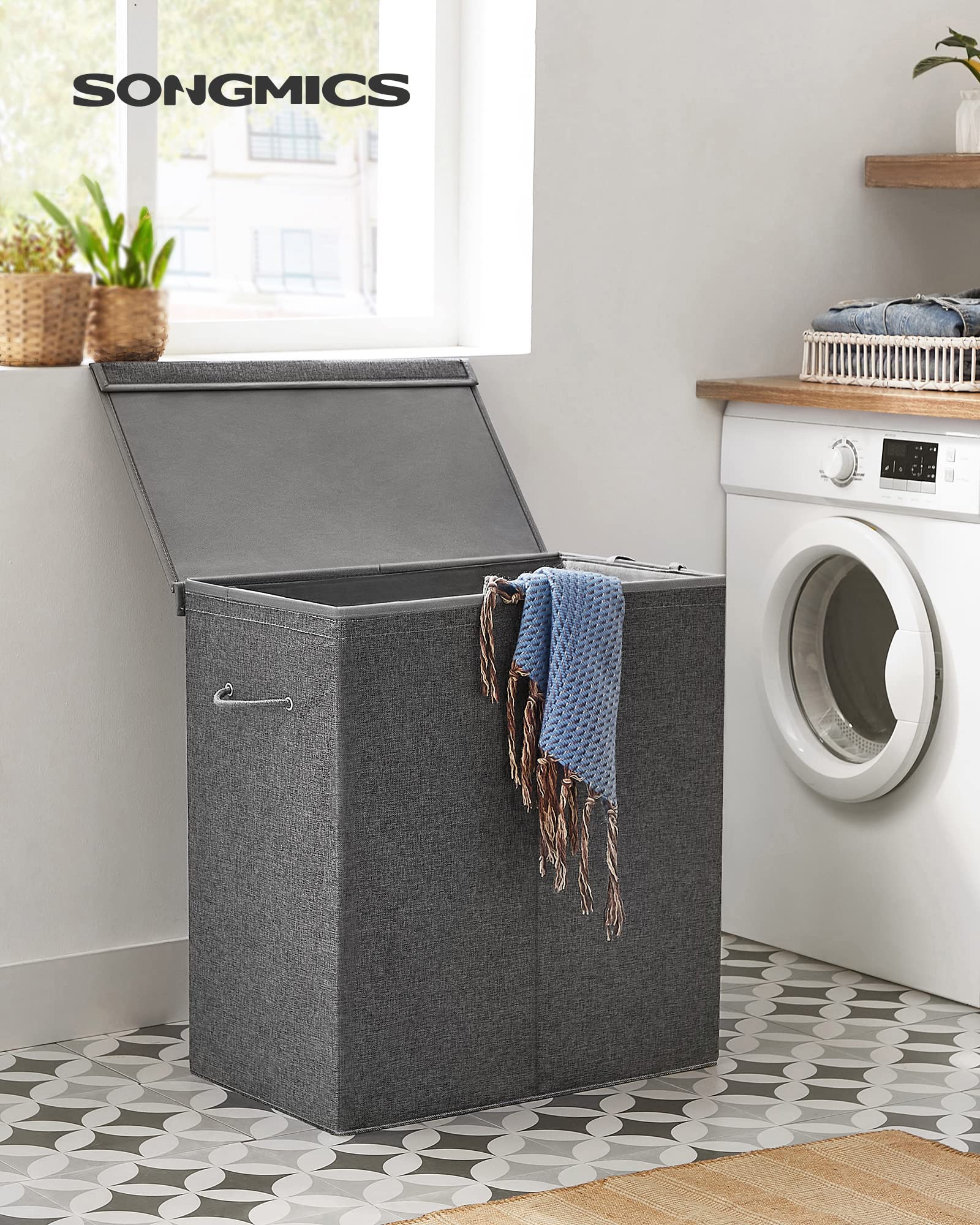 SONGMICS 37.5 Gal. Foldable Laundry Basket with 2 Compartments, Magnetic Lid and Handles, Removable Liner Bag, Dark Gray