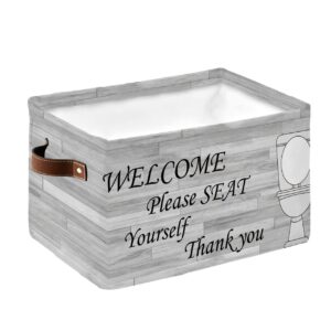 Please Seat Yourself Storage Bins 1 Pack, Large Waterproof Storage Baskets for Shelves Closet, Vintage Beige Wooden Welcome Toilet Storage Basket Foldable Storage Box Cube Organizer with Handles