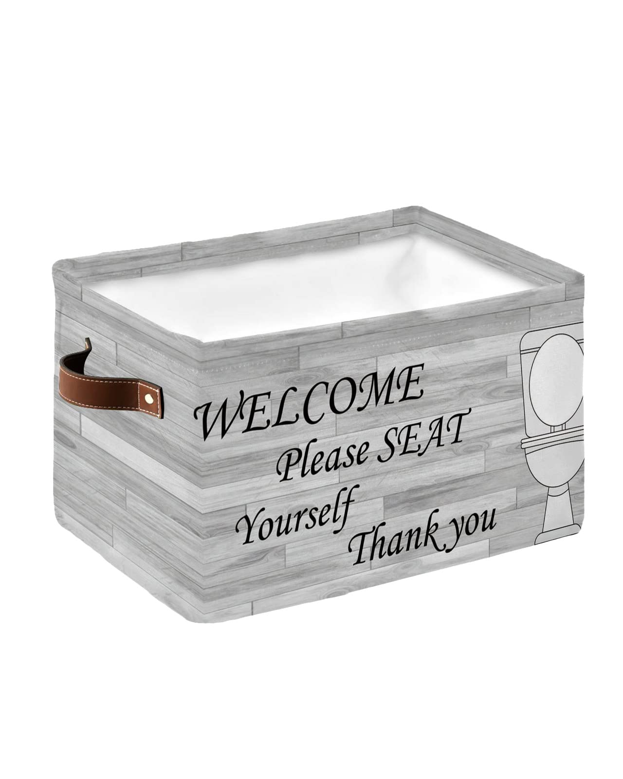 Please Seat Yourself Storage Bins 1 Pack, Large Waterproof Storage Baskets for Shelves Closet, Vintage Beige Wooden Welcome Toilet Storage Basket Foldable Storage Box Cube Organizer with Handles