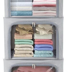 Stackable Clothes Storage Box for Clothing Gadgets,Steel Frame Storage Bins for Toys Gift,Foldable Oxford Fabric Closet Organizer Bag Set with Carry Handles Clear Window (Small- 22L x3 Pack, Grey)