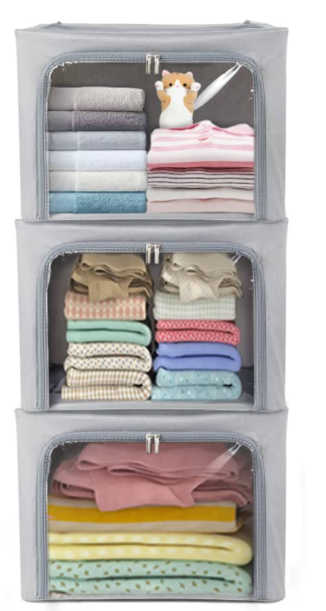 Stackable Clothes Storage Box for Clothing Gadgets,Steel Frame Storage Bins for Toys Gift,Foldable Oxford Fabric Closet Organizer Bag Set with Carry Handles Clear Window (Small- 22L x3 Pack, Grey)