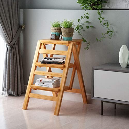 LUCEAE Step Stool Wooden 3 Steps Rise Folding Portable Wide Tread Non-Slip Climbing Ladder,Creative Stair Chair Home Library/Closet/Living Room/Kitchen High Footstool Eco-Friendly and Lightweight