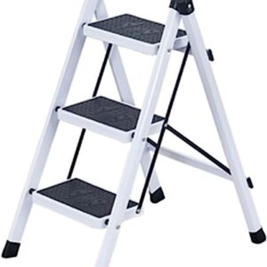 LUCEAE Step Stool3Step Steel Ladder Folding Step Stool,Sturdy and Durable Extra Wide Treads with Non-Slip Rubber Sleeve,Portable and Lightweight Home/Kitchen/Closet/Bedroom/Office Wide Platform Steps