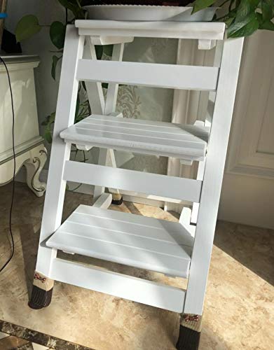 Folding Ladder Staircase Multi-Functional Folding Solid Wood Ladder Stool,Step Stool Household Muliti-Color Stool Step Ladder Foldable Stepladder,White,Three