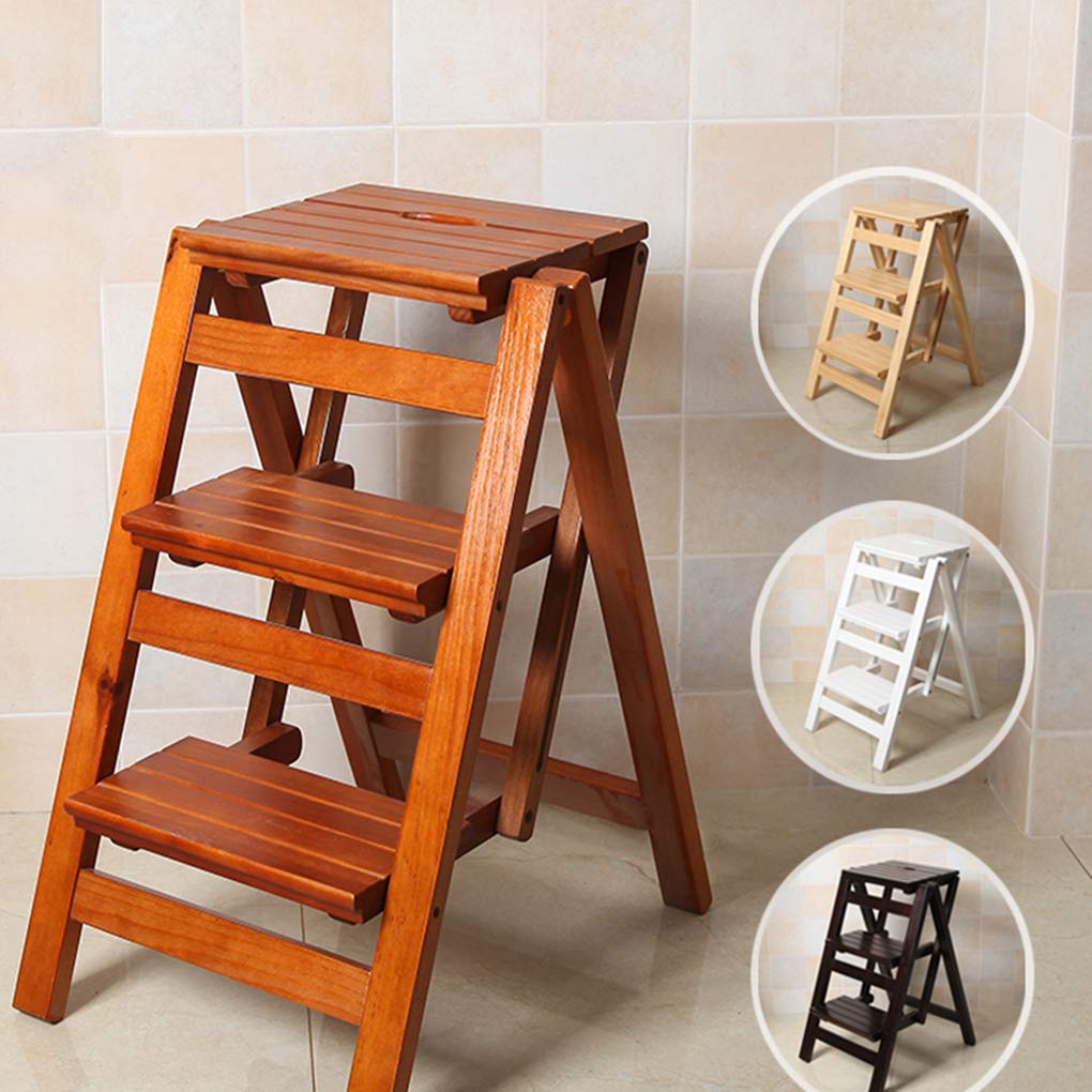 Folding Ladder Staircase Multi-Functional Folding Solid Wood Ladder Stool,Step Stool Household Muliti-Color Stool Step Ladder Foldable Stepladder,White,Three