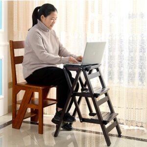 Folding Ladder Staircase Multi-Functional Folding Solid Wood Ladder Stool,Step Stool Household Muliti-Color Stool Step Ladder Foldable Stepladder,White,Three