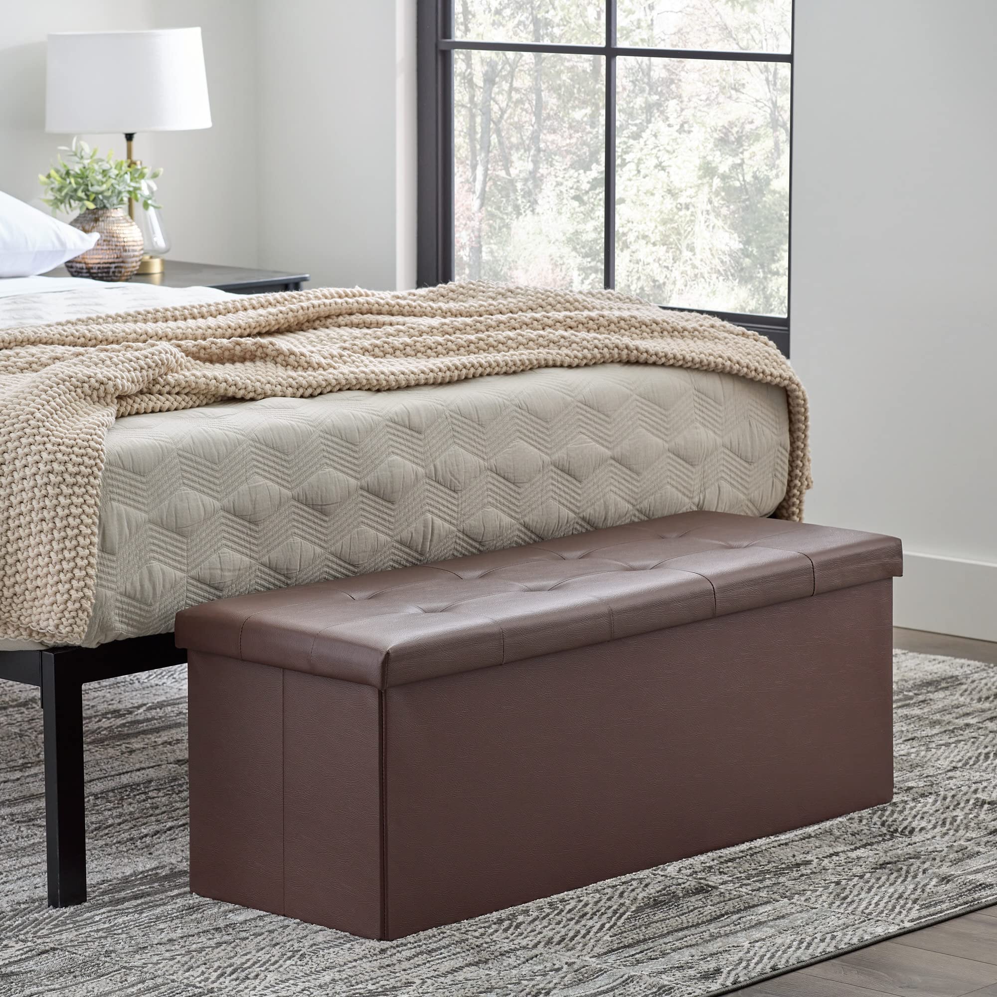 Edenbrook 43 Inch Bench Seat Storage Ottoman - Tufted Ottoman -Foot Rest-Holds 330 lbs, Brown Faux Leather