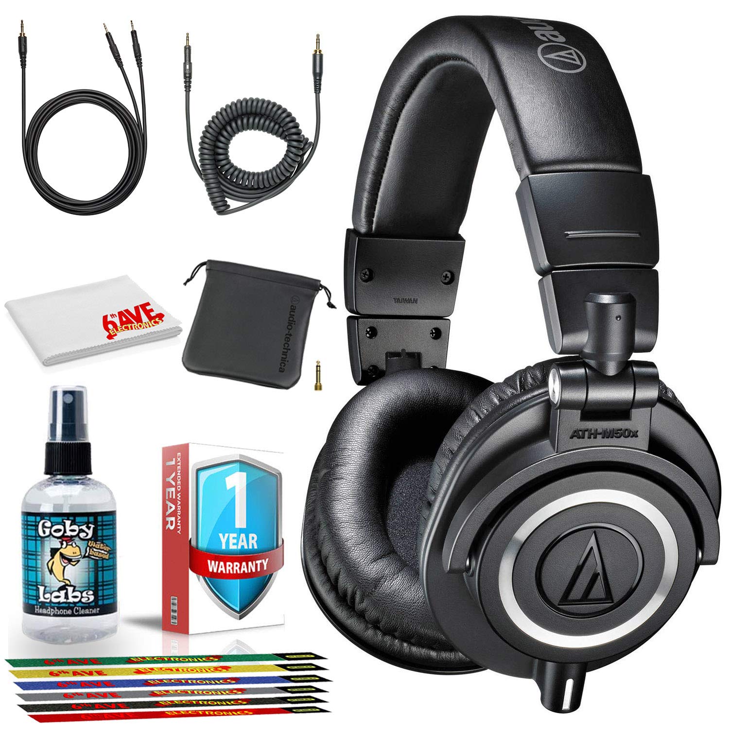 Audio-Technica ATH-M50x Monitor Headphones (Black) with 6Ave Cleaning Kit and 6-Pack Reusable Cable Ties
